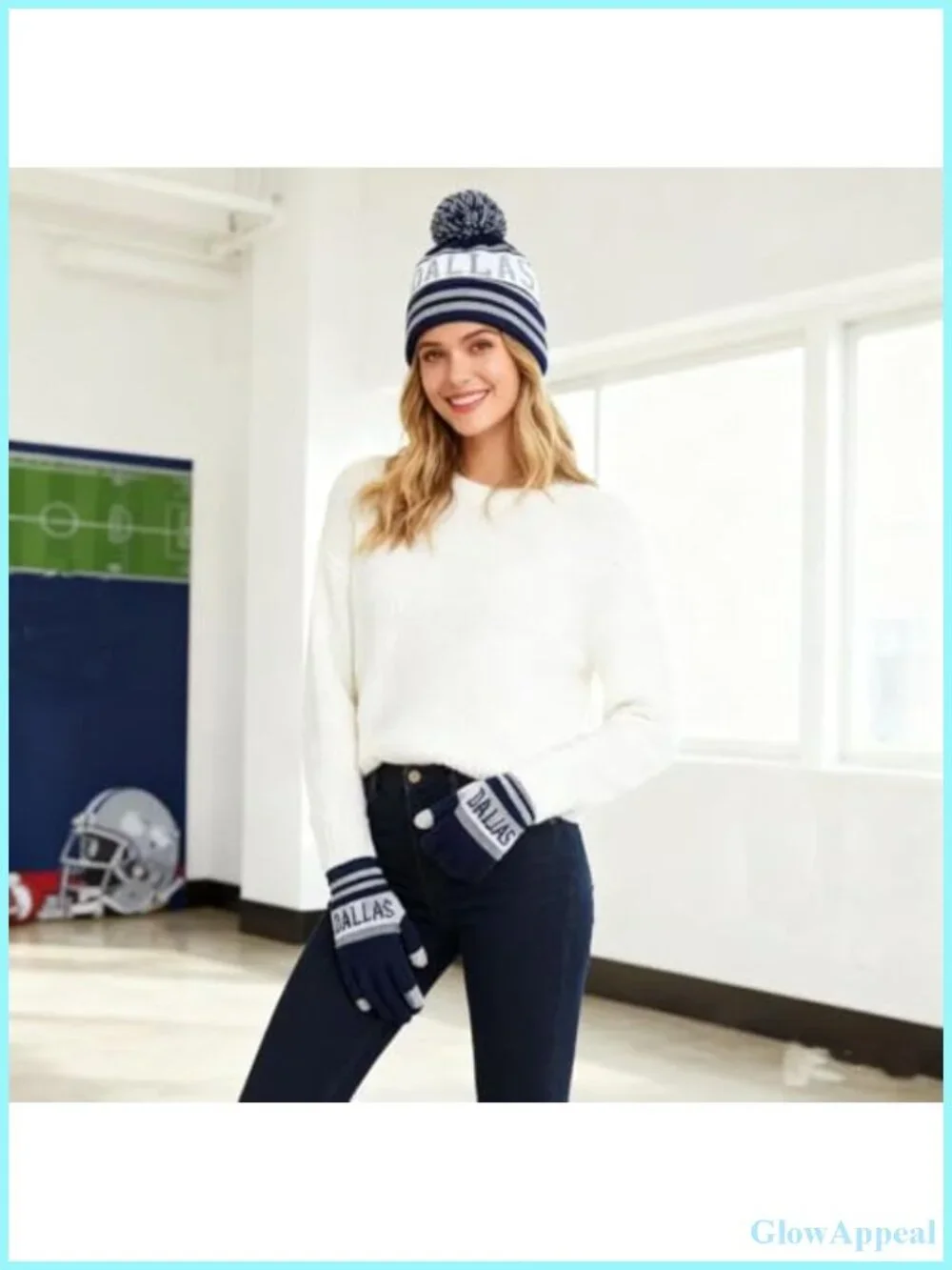 Classic Skull Cap Beanie with Faux Fur Pom & Touch Screen Gloves